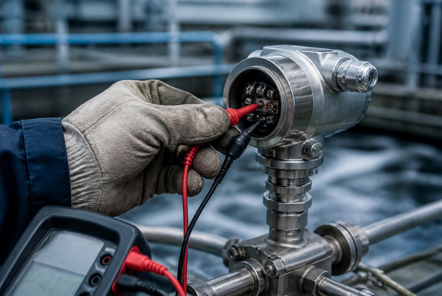 Engineer connecting a loop calibrator to a stainless steel pressure transmitter on process pipework