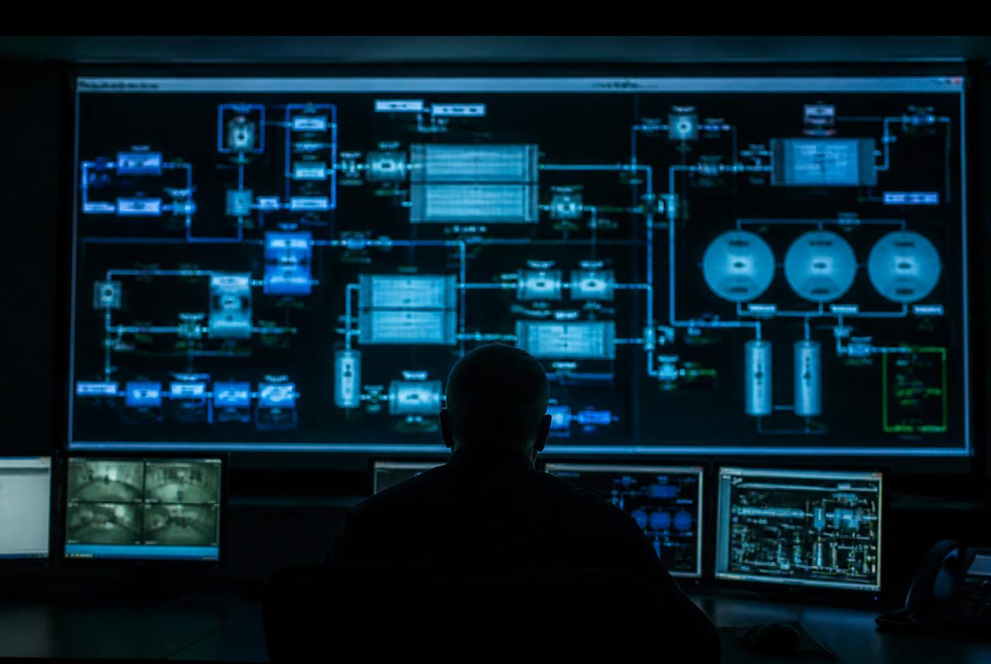 Operator at a SCADA workstation showing a process mimic diagram