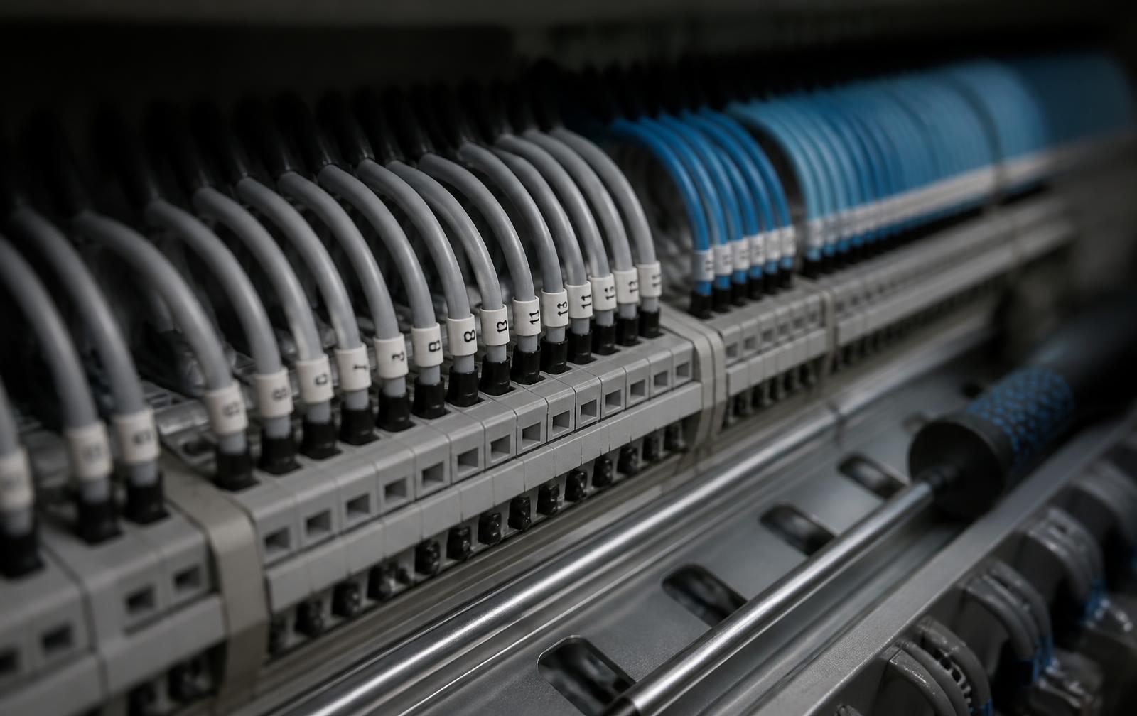 Close-up of ferruled control panel wiring combed into terminal blocks on DIN rail