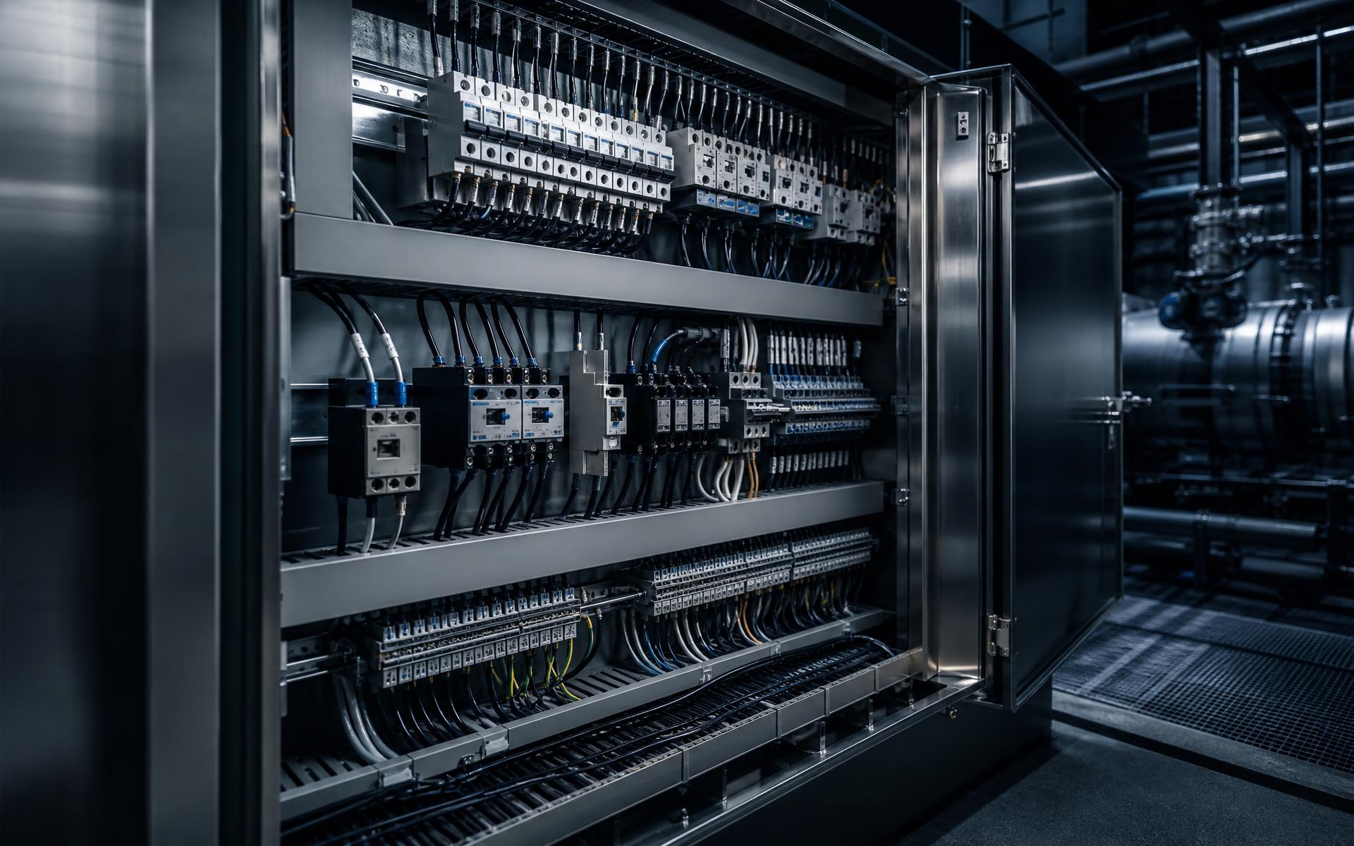 Interior of a wired motor control centre cubicle showing breakers, contactors and terminal rails