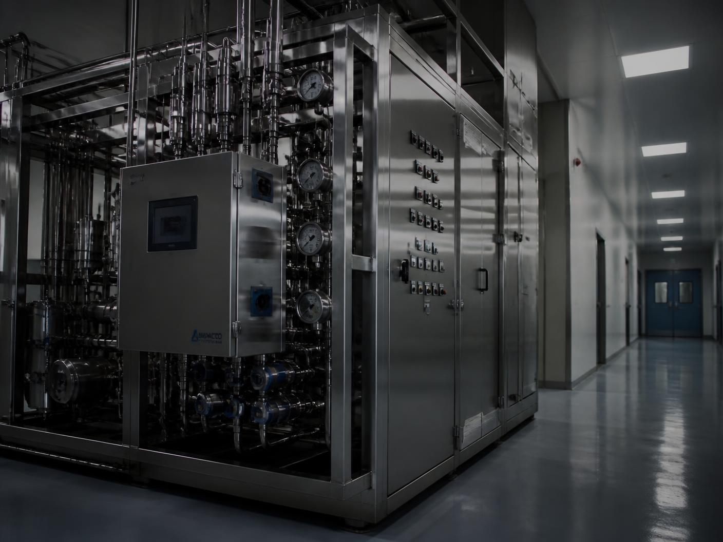 Stainless steel pharmaceutical process skid with instrumentation and a control panel beside a clean room corridor
