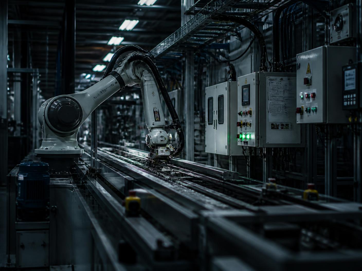 Automated production line inside a factory with a robotic arm and wall-mounted control panels