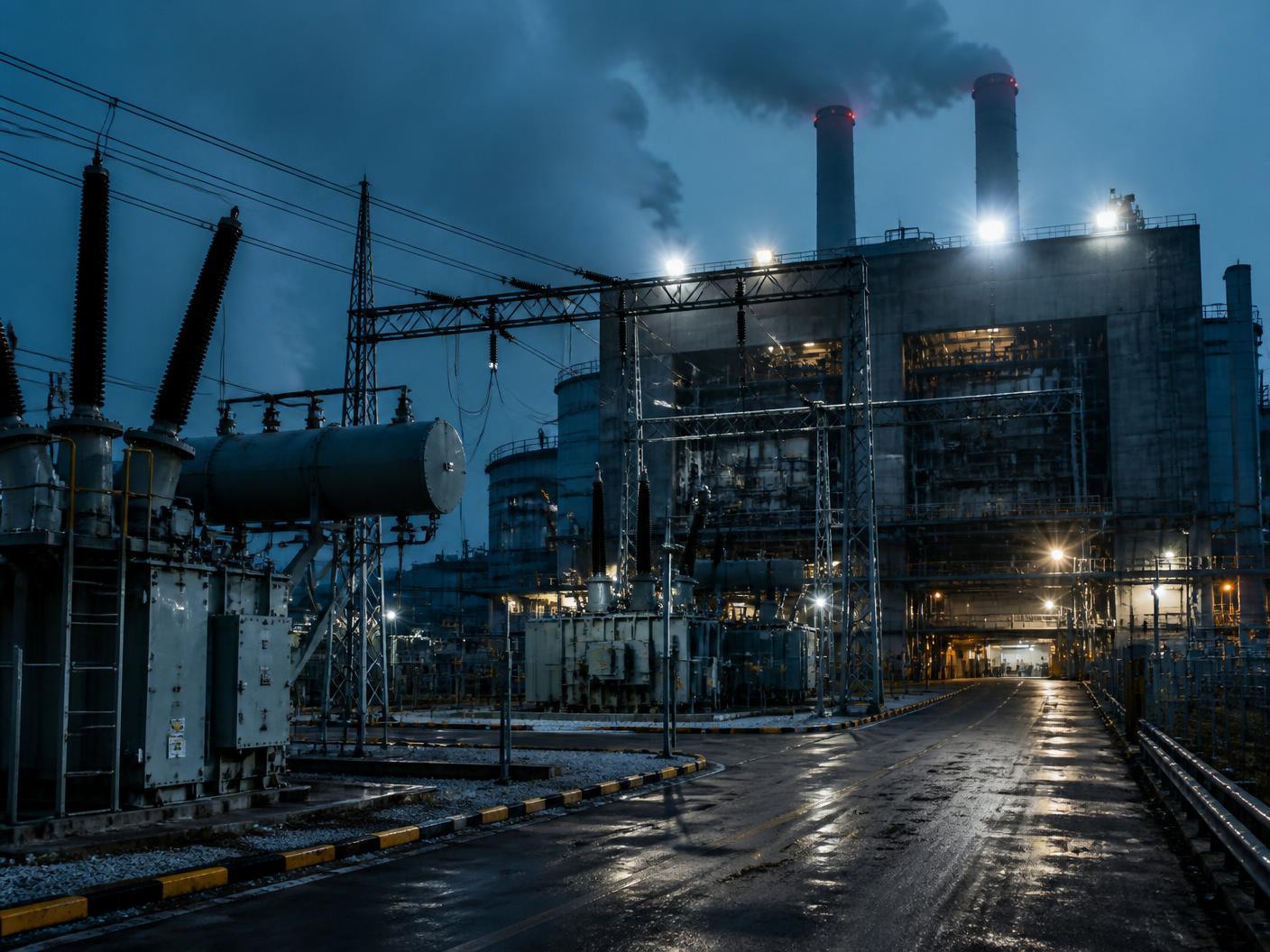 Floodlit power generation plant at dusk with transformers, switchgear and overhead lines